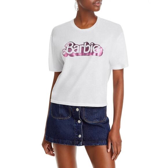 Aqua Tops - Barbie Rhinestone AQUA Embellished Graphic Cropped Tee Med New